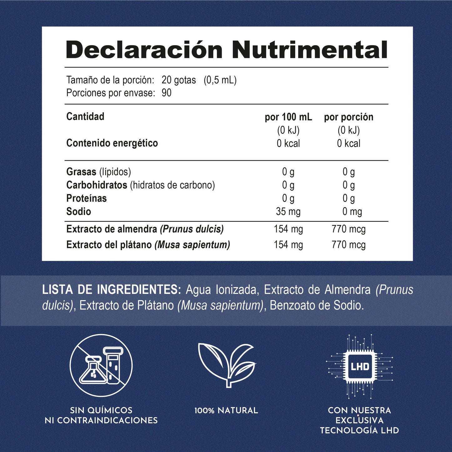 Tabla nutrimental de Deyun Z, con extracto de almendra y plátano, sin químicos ni contraindicaciones.